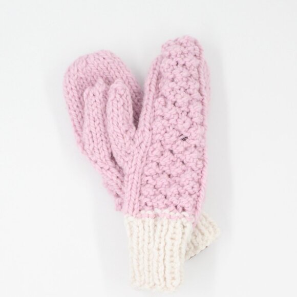 Handmade Hand Knit Chunky Knit Chill Chaser Pink and White Alpaca Wool Mittens - Picture 1 of 3